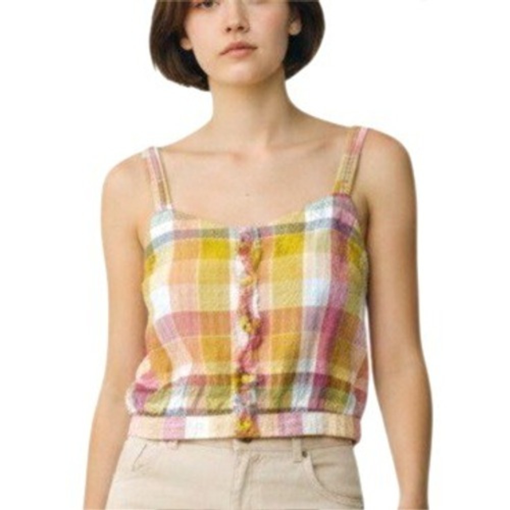 Pilcro Anthropologie Plaid Cropped Camisole Small Fringe Trim Multi Color